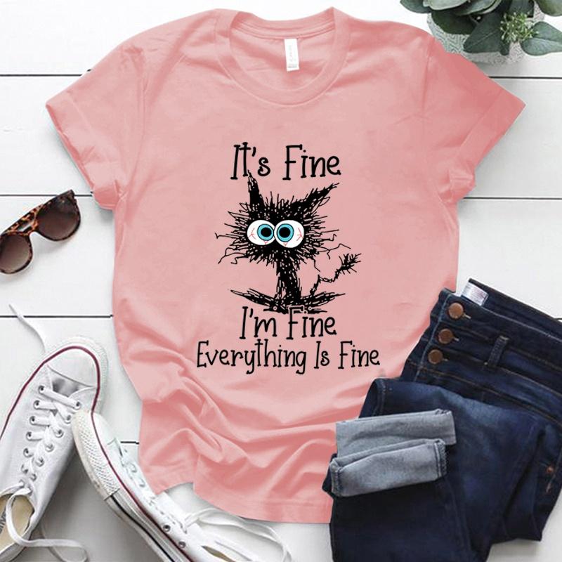 Fine Everything Is Fine Funny Cat Print T-Shirt Men's and Women's Casual Top Funny Cat Summer Loose Short Sleeve Shirt