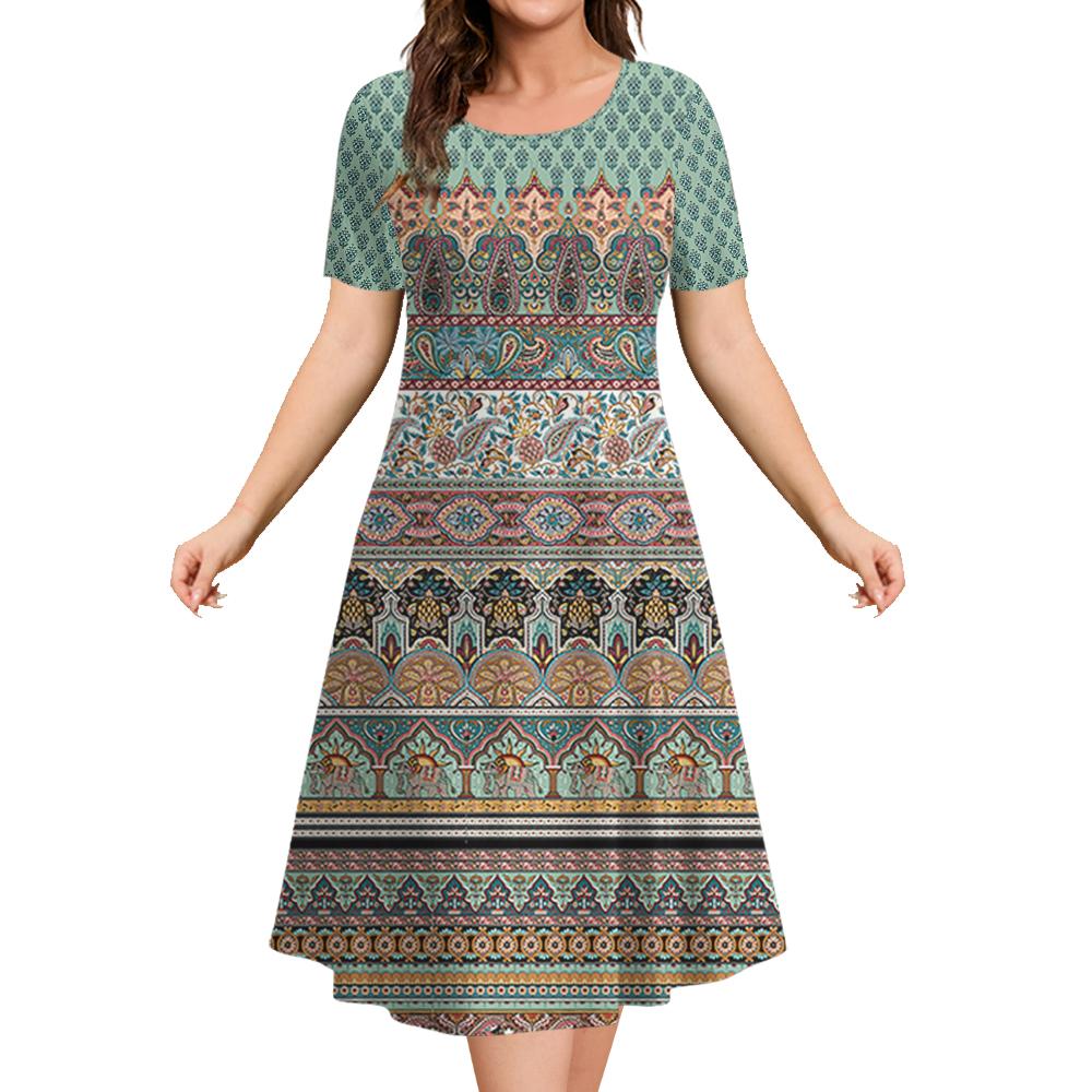 Ethnic Style Women's A-line Skirt Summer Fashion Casual Dress Flower Clothes Ladies Loose Casual Round Neck Dress