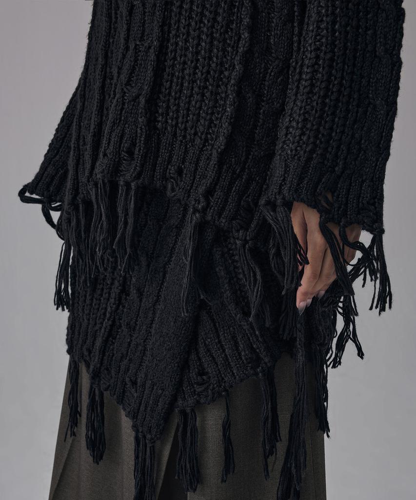 Teulimingbeodeu Wool Damage Tassel Knit Set-Up Pullover [ Black ]