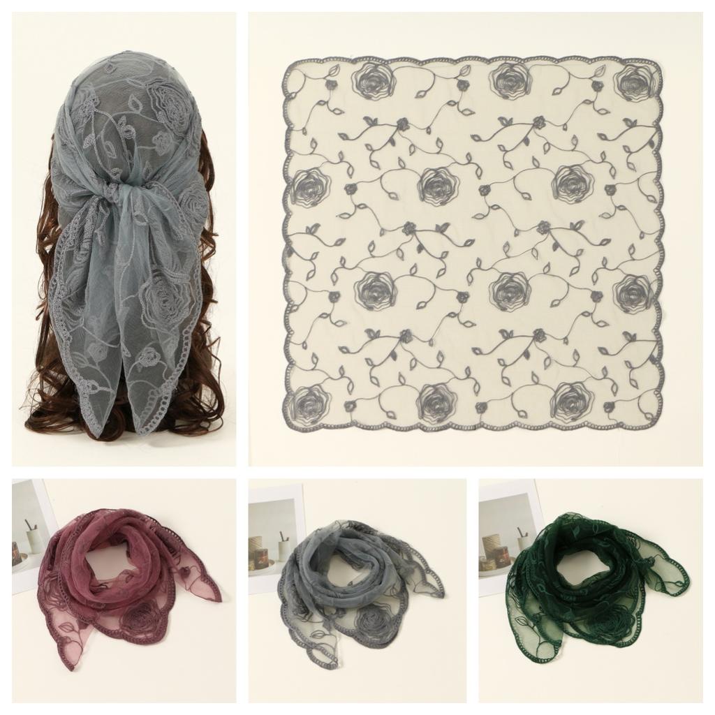 80cm Lace Flower Embroidery Square Scarf Organza Solid Color Muslim Hijab Summer Sunscreen UV Protection Headband Femme Turban