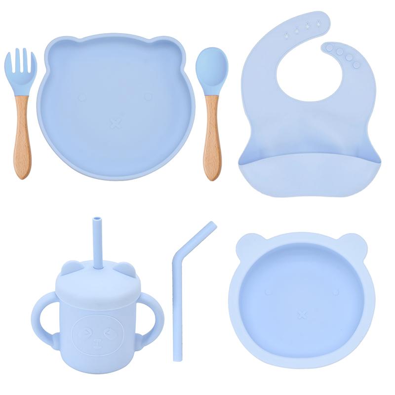7PCS/Set Baby Silicone Sucker Bowl Plate Cup Bibs Spoon Fork Sets Children Non-slip Tableware Baby Feeding Dishes BPA Free