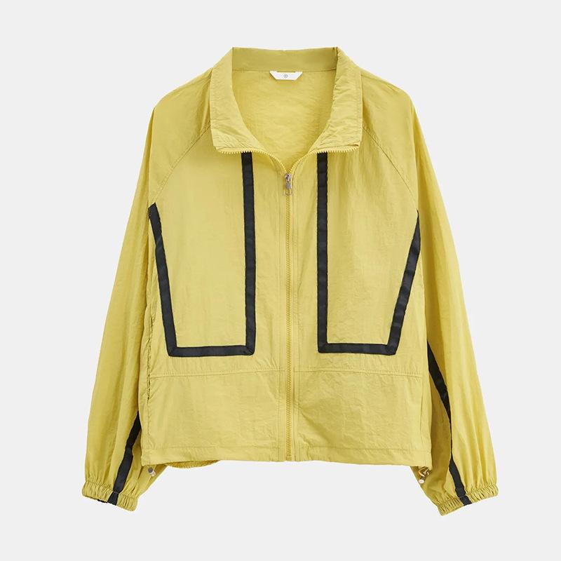 Herbst Damen Sonnenbekleidung Revers Gestreiftes Splicing Locker Langärmlig Reißverschluss Dünne Jacke