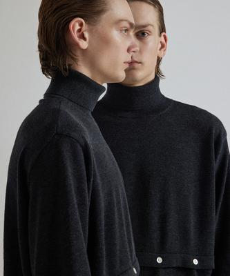 WHATEVERWEWANT Merino Wool Slit Button Turtle Neck Knit [C.Gray]