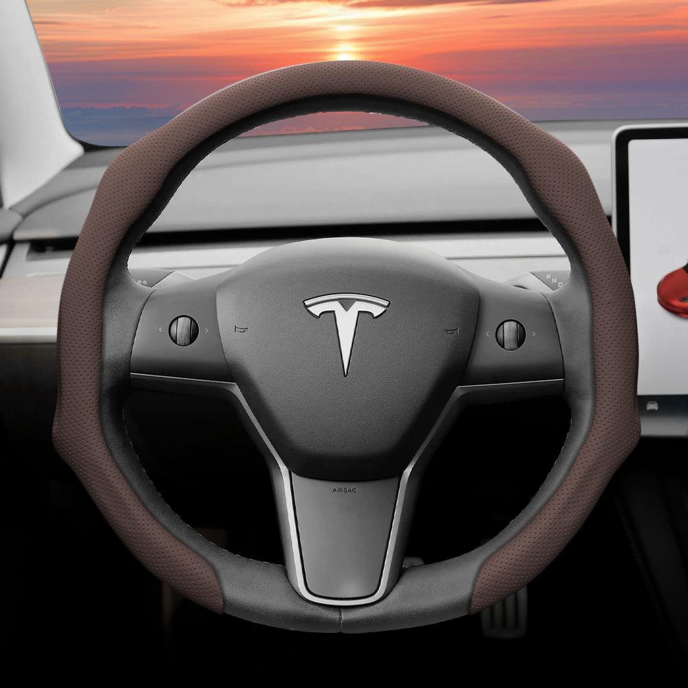 Geeignet für Tesla Perforierte Lederlenkradabdeckung, Rutschfest, Schweißabsorbierend, Atmungsaktiv, Integrierte Snap-On Schutzhülle für Modell 3 Y S