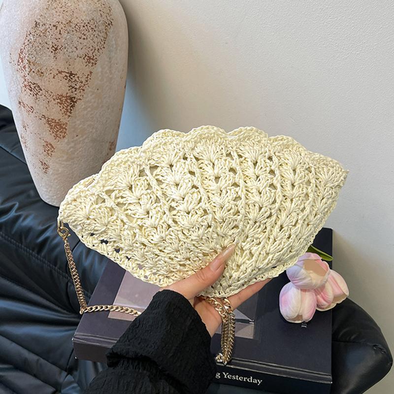 Die Vintage Muschelform Handgewebte Stroh-Schultertasche Sommer Strand Handgemachte Kette Hohl-Crossbody-Tasche