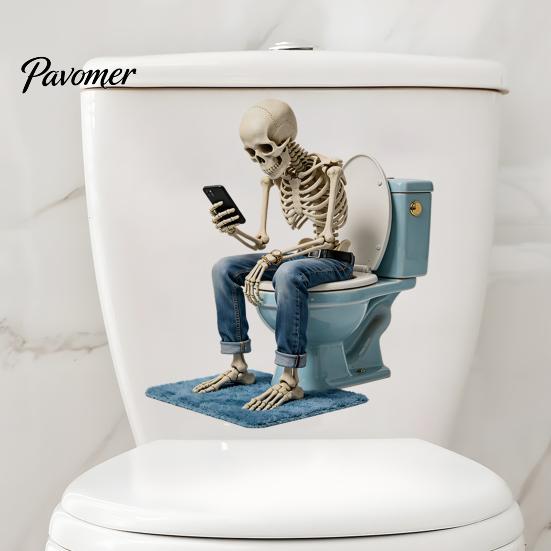 Quick Home Transformation Stickers Funny Skeleton Toilet Cover Sticker, Self-Adhesive Waterproof Sitting on Phone Playing Seat Lid Decal, Novelty