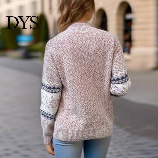Loose Knitted Pullover Winter Women Christmas Sweater Half-high Collar Color Matching Snowflake Pattern Geometric Print Long Sleeve Knitwear