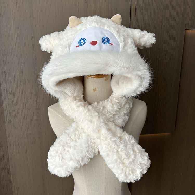 Cute Little Sheep Plush Hat Women'S Winter Cold Protection And Warm Hat Scarf Integrated Thickened Ear Protection Lei Feng Hat
