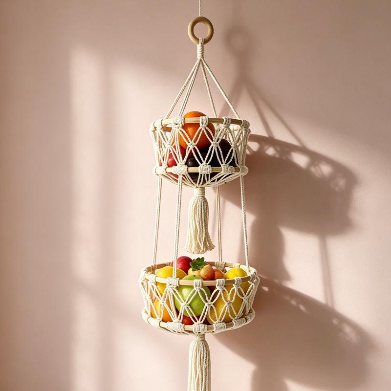 Handwoven Multi-Layer Bamboo Fruit Hanging Basket - Cotton Rope Kitchen Storage Rack