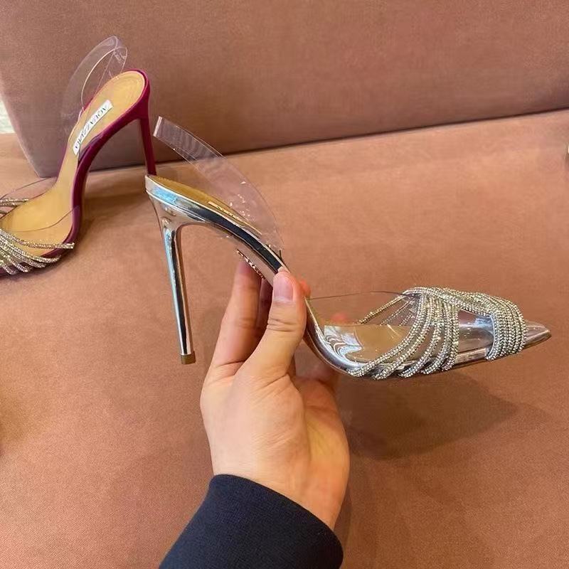 Women High Heeled Sandals 2025 Summer New Clear PVC Sandals Luxury Silver Crystal Pumps Sexy Pointed Toe Banquet Shoes for Women