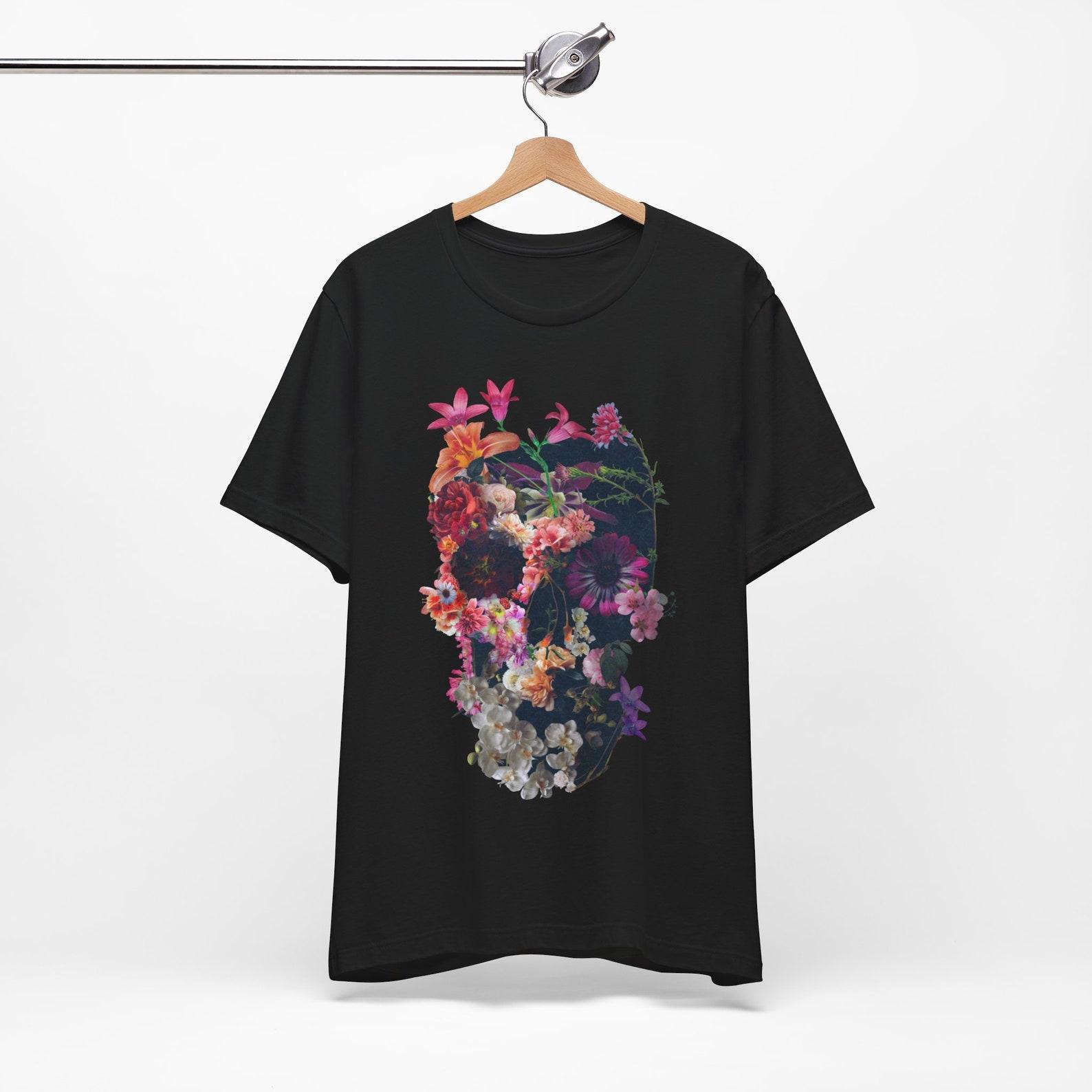 Floral Skull T-shirt: Gothic Graphic Tee, Unisex Clothing S