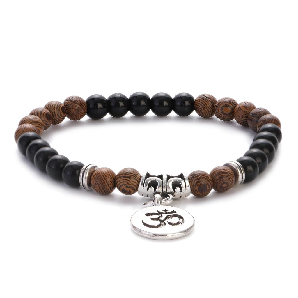 Natural Wood Beads Bracelet Women Men Yoga Meditation Prayer Om Pendant Wooden Jewelry Classic Sliver