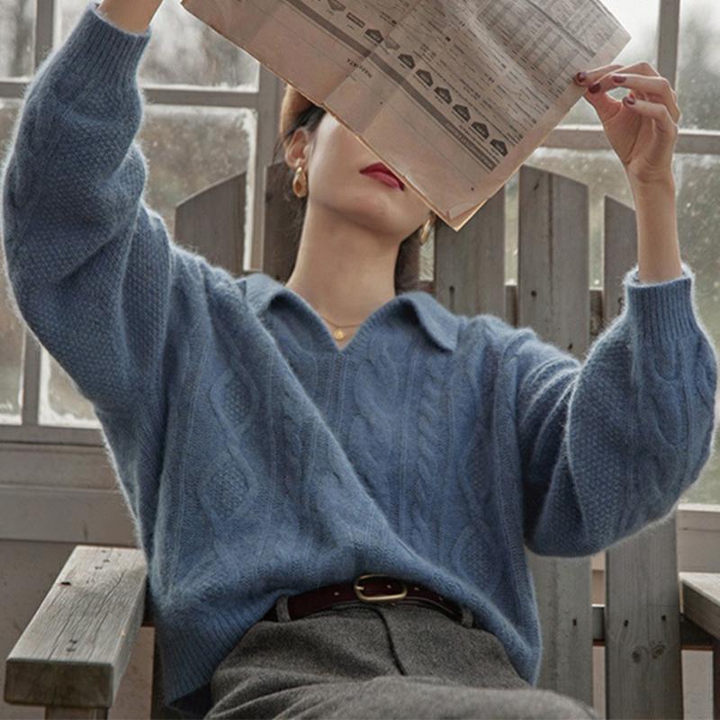 Reverspullover für Damen, locker gestrickt, einfarbig