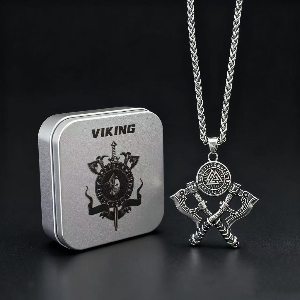 316L Stainless Steel Double Axe Viking Pendant Chain Necklace For Men Vintage Jewelry Punk Accessories