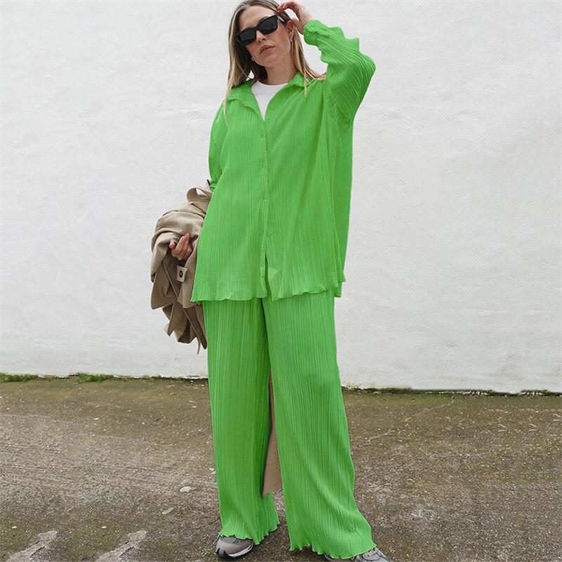 Casual High Wasit Pleated Pants Set Women Autumn Long Sleeve Blouses Matching Wide Trousers Suit Green Pleated 2 Piece Pant Sets