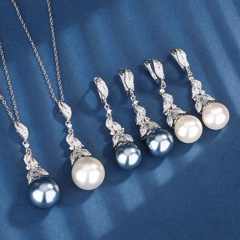 Jewelry Copper Bottom Gold-Plated Inlaid Pearl Temperament Leaf Set Female 16-14Mm