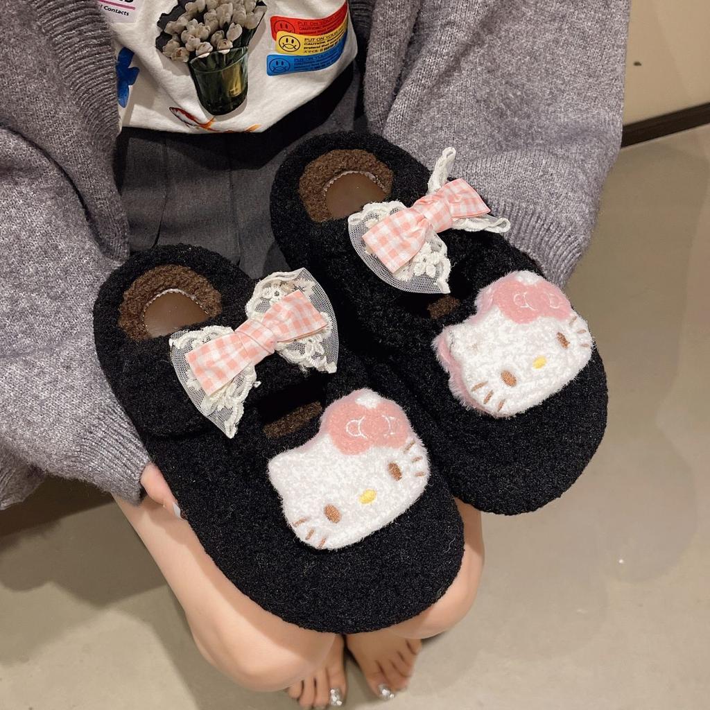 Милые мультяшные пушистые тапочки Hello Kitty женские на толстой подошве с увеличением высоты, удобные тапочки для улицы, новые модели осень-зима 2025