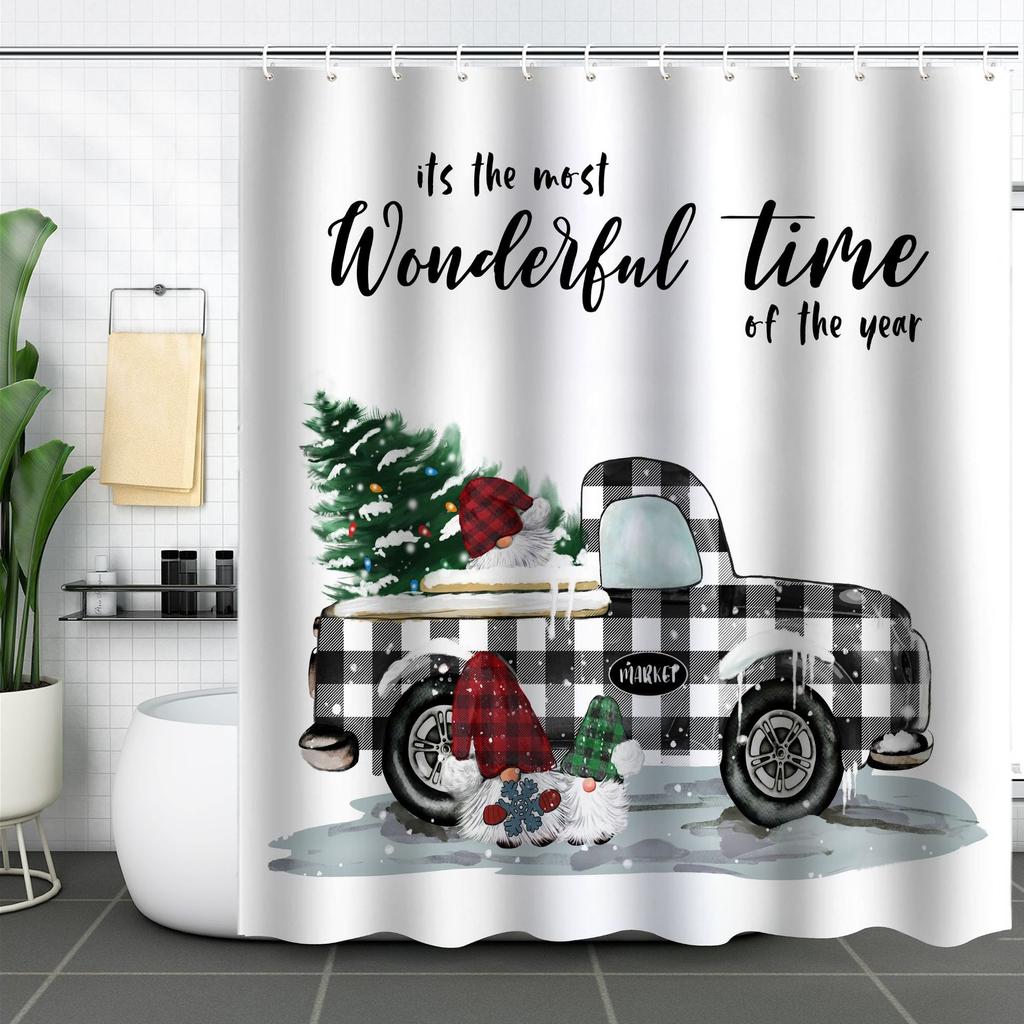 Best-Selling Christmas Digital Print Shower Curtain Waterproof, Includes Plastic C-Shaped Hooks