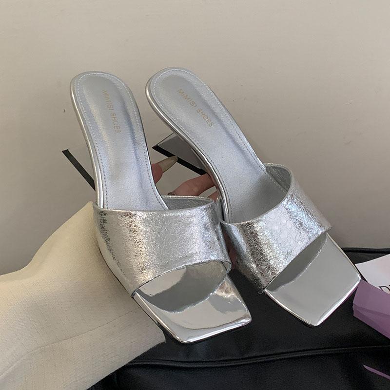 Mode Silber Schuhe Damen Keile Pantoletten Hausschuhe Schuhe Damen Sandalen Flach Mode Eckige Zehen Damen Keile Hausschuhe Schuhe