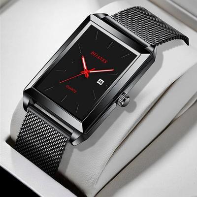 Mens Watches Men Business Casual Quartz Wrist Watch Black Square Stainless Steel Mesh Belt Watch