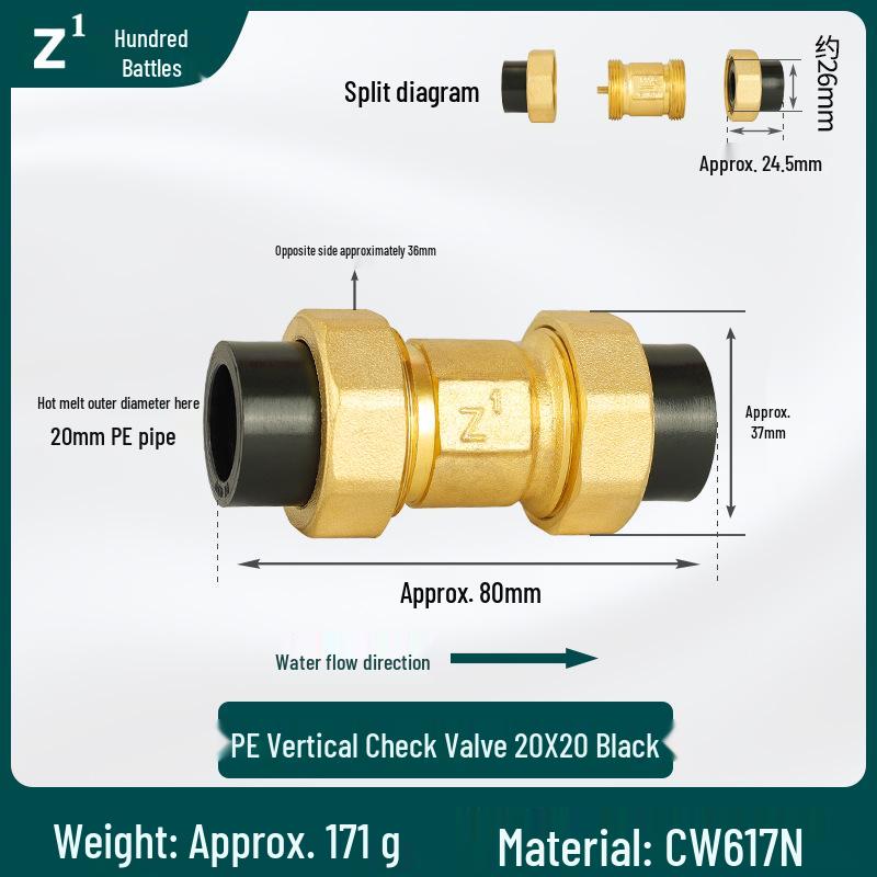 6/4 PPR Hot Melt Full Copper Check Valve, Horizontal/Vertical, 1-Inch Double Union, One-Way Tap Water Pipe Valve.