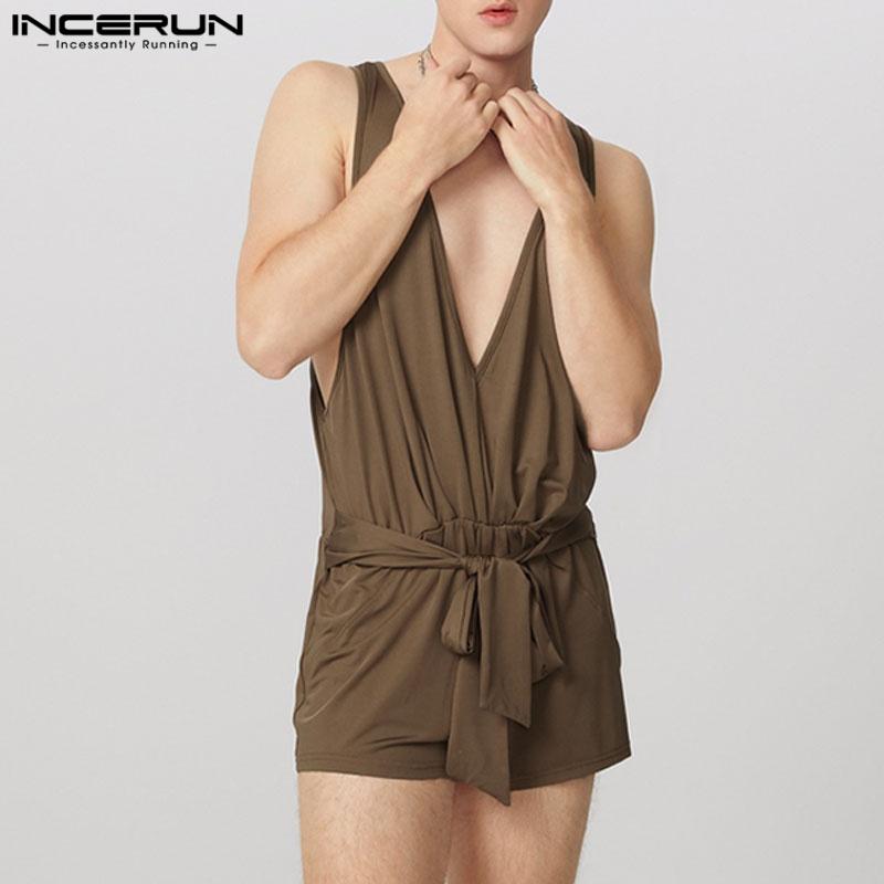 

INCERUN Мужской комбинезон с глубоким V-образным вырезом без рукавов с поясом спереди, короткий ромпер, комбинезон для дома 3XL коричневый