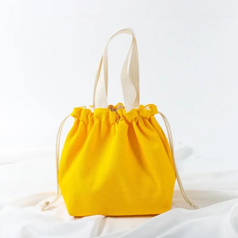 Small Fresh Drawstring Canvas Bag Hand Handbag Japanese Portable Bento Bag Large Capacity Bunched Lunch Box Bag