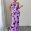 European and American Women's Clothing Sexy Slanted Shoulder Waist Temperament Printed Dress