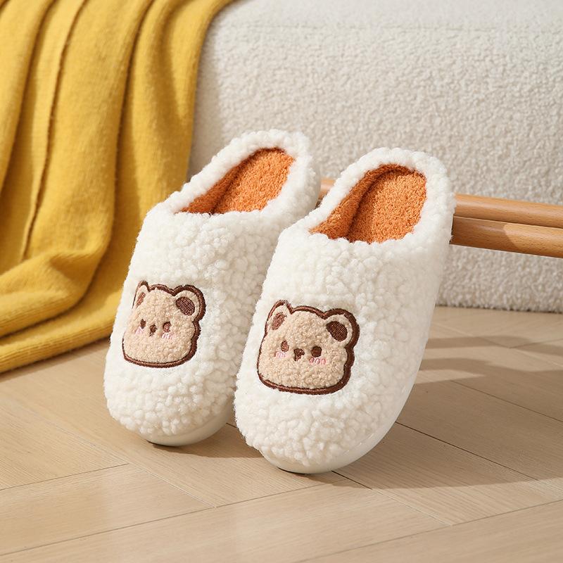 Y Autumn and Winter Couple Warm Slippers, Cute Cartoon Bear Cotton Slippers Home Indoor Non-slip