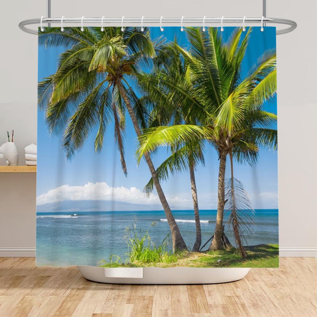 Beach Vacation Shower Curtain Tropical Palm Trees Ocean Waves Starfish Sandy Shore Pattern Waterproof Polyester Bathroom Decor