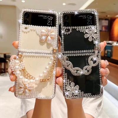 Crystal Diamond Case pro Samsung Galaxy Z Flip 5 4 3 5G Rhinestones Pearl Crown Heart Ochranný kryt zápěstí proti nárazu