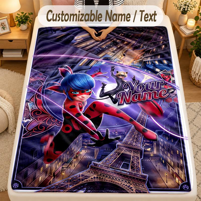 FlaneldeckeMiraculous Ladybug Benutzerdefinierter Name Text Personalisierte Weiche Warme Überwurfdecke Heimdekoration Geschenk