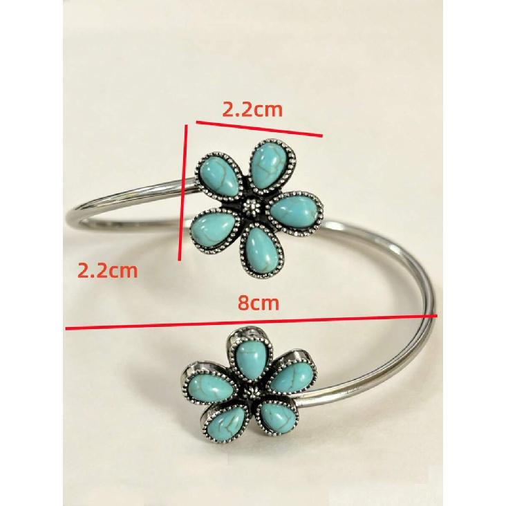 1pc Western Vintage Artificial Turquoise Flower Arm Cuff, Distressed Open Bangle Bracelet, Bohemian Arm Accessory
