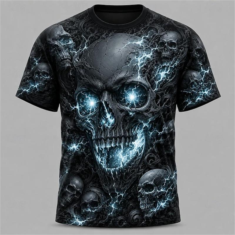Men's New Summer Fashion Trend Round-Neck T-Shirt Giant Ram Skull Castle Wizard Dark Magic Hell Halloween-Themed Short-Sleeve