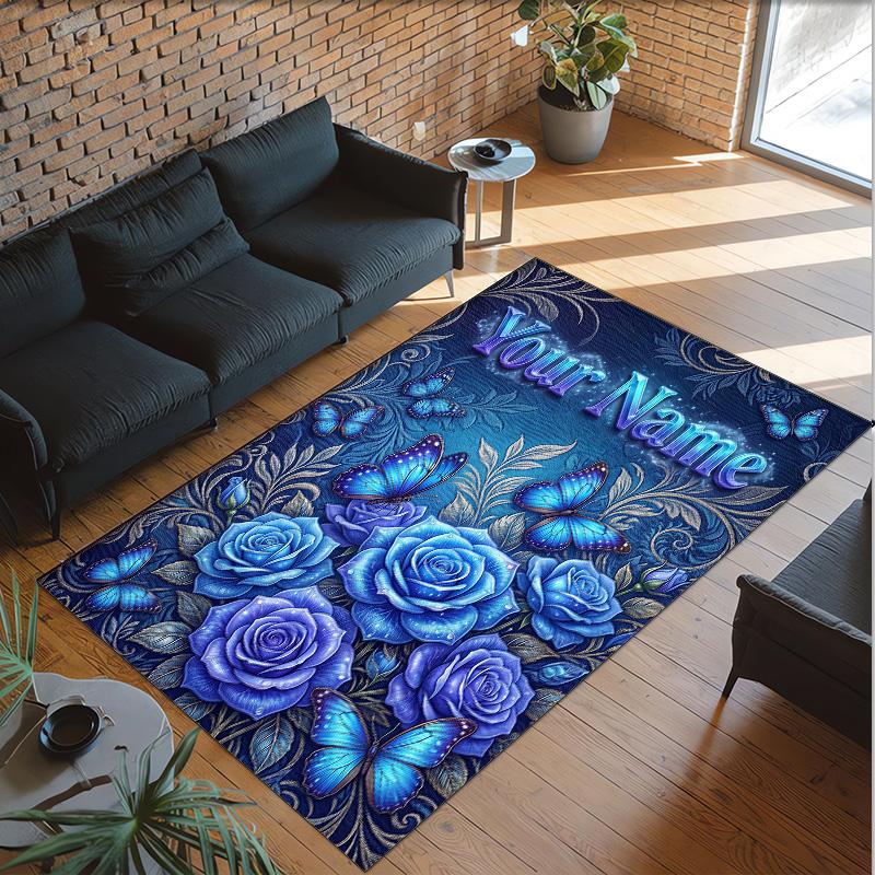 Floral Theme Crystal Velvet Rug Personalized Custom Name Text Soft Floor Mat Home Decor