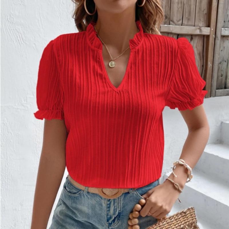 2023 Yaz Kısa Kollu Beyaz Gömlek Kadın Vintage Katı V Yaka Gevşek Gömlek Casual Zarif Dantel Bluz Moda Giyim 28006