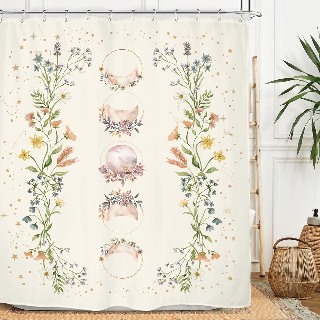 Witchy Gothic Shower Curtain - Moon Phase & Teal Wildflower Design,Mysterious Night Botanical Polyester,60x71 Inch with 12 Hooks