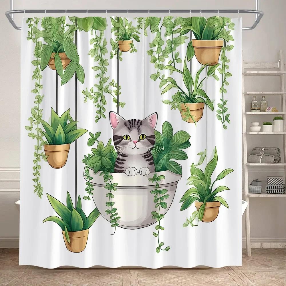 Green Plant Shower Curtains Watercolour Vine Leaves Butterfly Potted Plants Modern Polyester Fabric Home Bathroom Curtain Decor