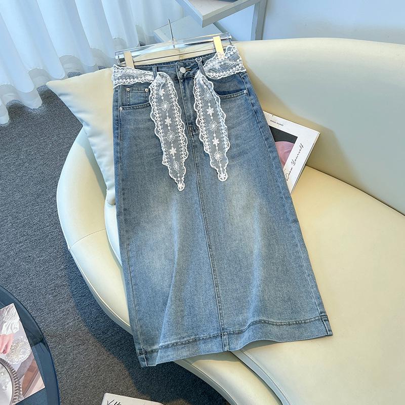 

Женская джинсовая юбка с кружевной отделкой, весна 2025, с высокой посадкой - приталенный А-силуэт, прямой дизайн L (suitable for 105-115 jin) синий