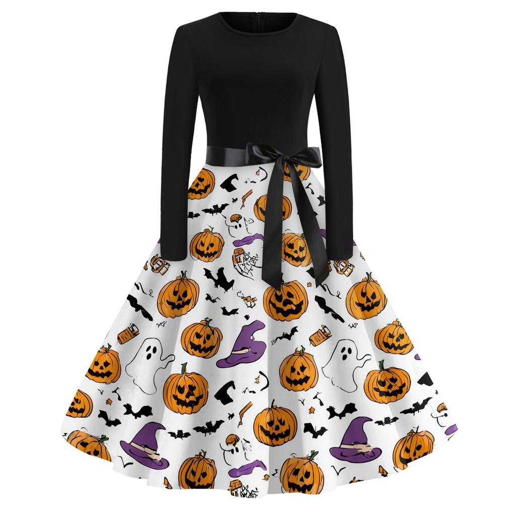 Women's Casual Vintage Dress Long Sleeve Round Neck Halloween Print A-Line Midi Dress with Waist Tie Belt Suitable for Daily Wear