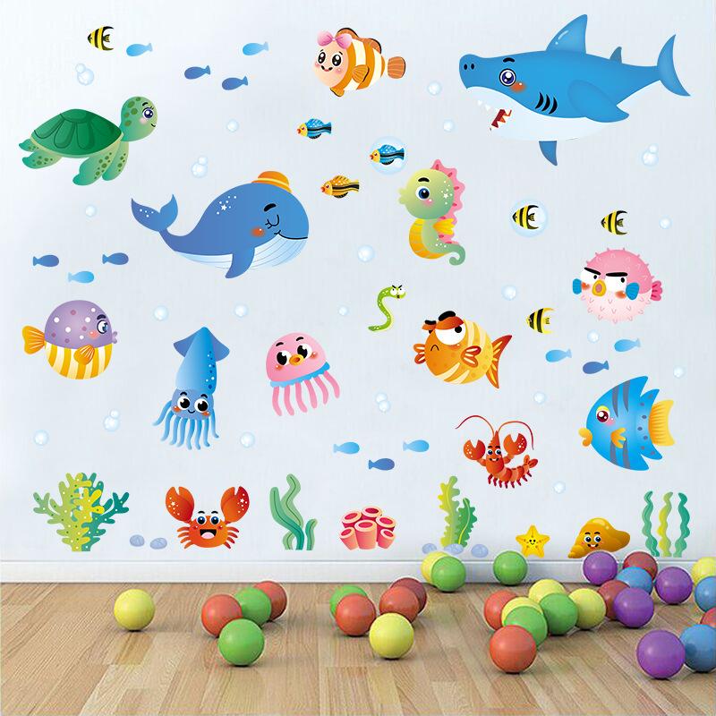 Marine Animals Cartoon Wall Stickers Kindergarten Children'S Room Decoration Self-Adhesive Underwater World Stickers Quality