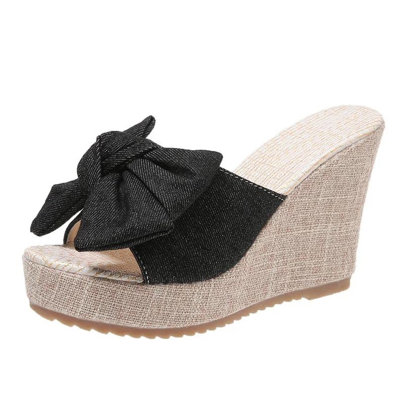 Women Fashion Casual Party Club Shoes Bowknot Design Platform Wedge Slippers Sandals Women Summer Fashion Flip Flops