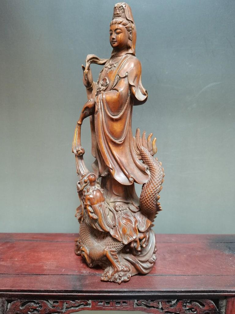 Chinese Antique Boxwood Carved Dragon Kwan Yin Statue Home Decor Sculpture Art