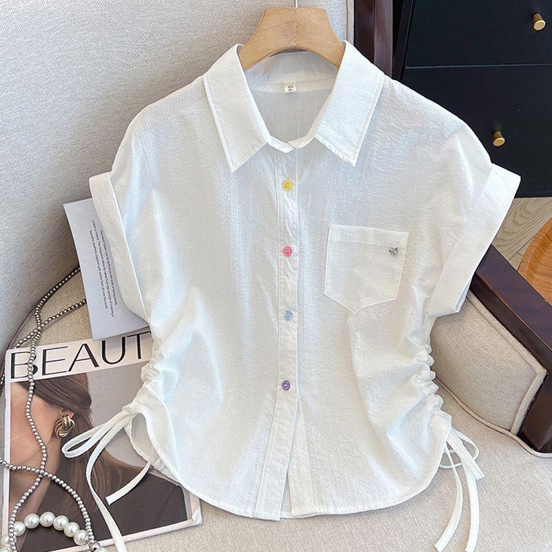 

Summer 2025 Women s Striped Short Sleeve Shirt Korean Style Loose Fit Casual Versatile Short Length Drawstring Top XS белый