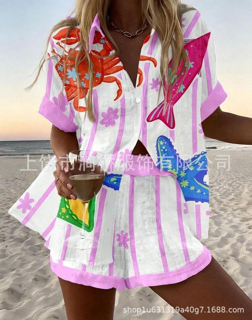 Hot Sale Casual Holiday Shirt Set Beach 1D Printed Shirt Shorts Women's Suit Customized-Made