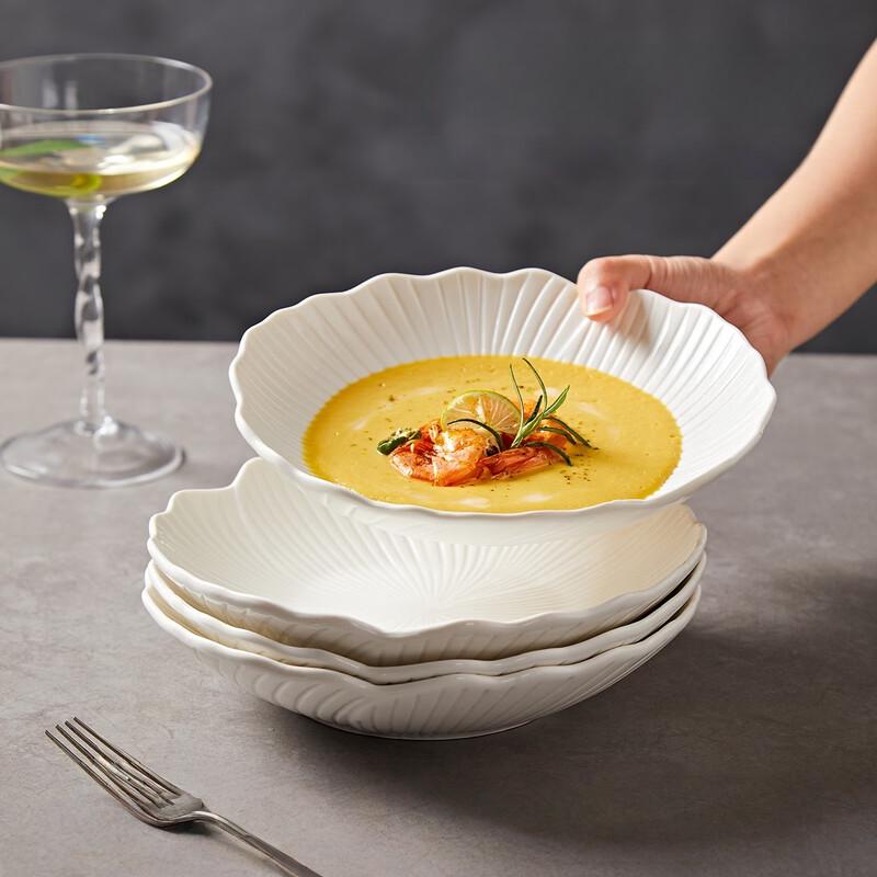 Jingdezhen White Ceramic Petal-Design Deep Plates, 8-Inch (Set of 4)