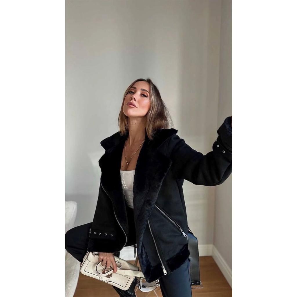 Schwarzer Wildleder-Bikermantel für Damen mit Seidenfell innen