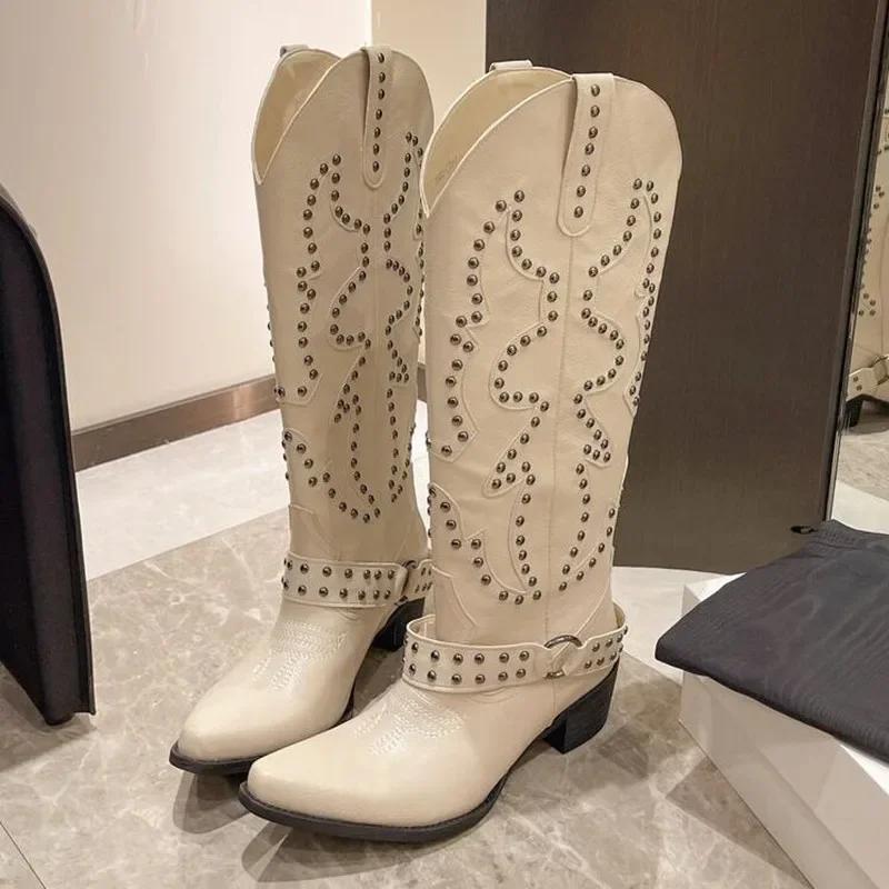 

Модные Роскошные Новые Ковбойские Вестерн Сапоги с Вышивкой Клепками для Женщин Панк Слипоны Массивный Каблук Фестиваль Кантри Музыки Женские Сапоги 42