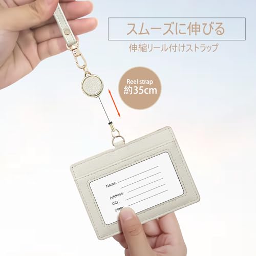 boshiho Name Tag Case, Neck Hanging, Stylish, Horizontal, Double-Sided, Reel, Pen Holder, Neck Strap Included, Genuine Leather, ID Card Holder
