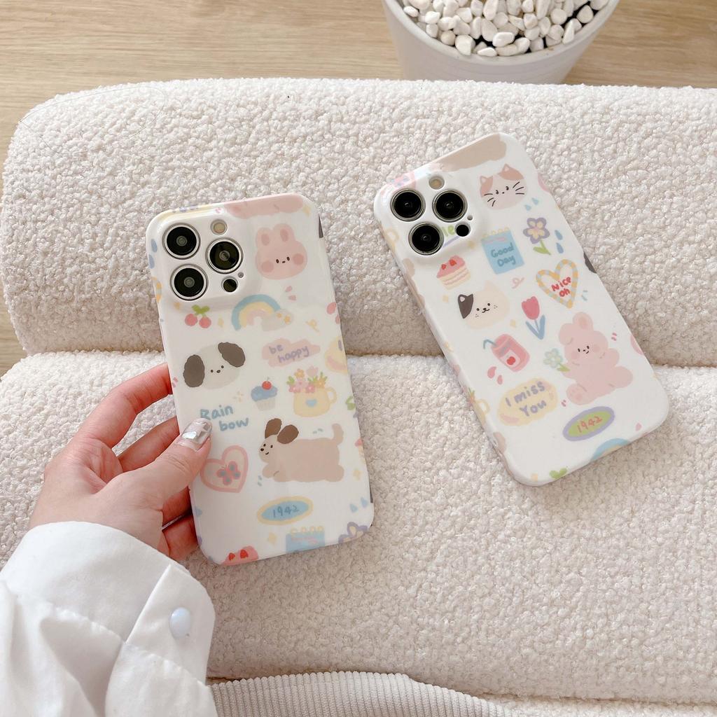 Cute Rabbit Dog Puppy Cat Bunny Cartoon Imd Couple Phone Case For Iphone 14 13 Pro Max 11 12 Promax Back Cover Rainbow Happy